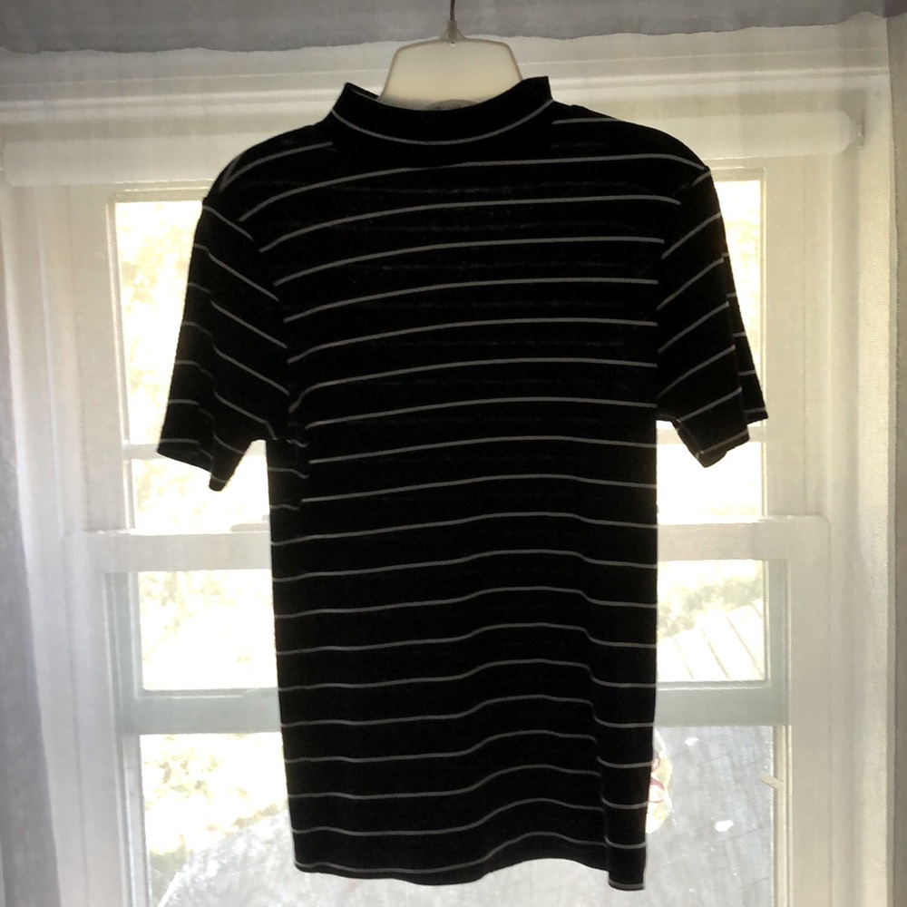 black and white striped short sleeve turtle neck